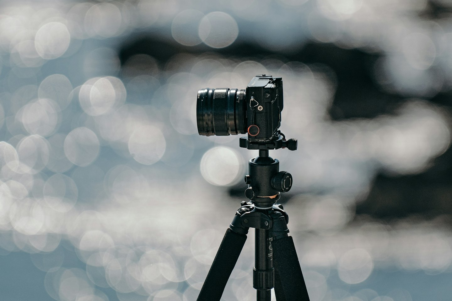 Profesjonalny aparat fotograficzny na statywie na zewnątrz.